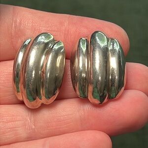 Vintage Puffy Art Deco Style Modernist 925 Sterling Silver Clip-on Earrings